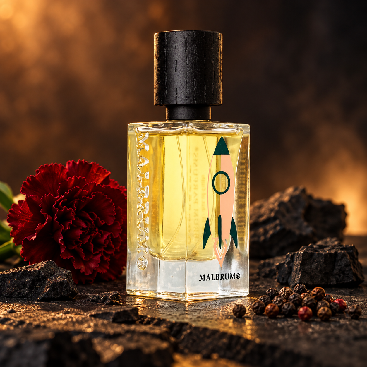 Malbrum Godspeed rocket-decorated bottle on dark stone with a red carnation and peppercorns in amber light.