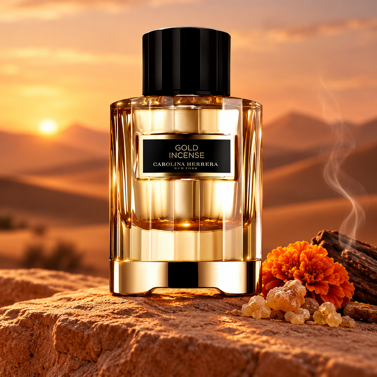 Carolina Herrera Gold Incense bottle beside marigold and frankincense on sandstone before sunset dunes.