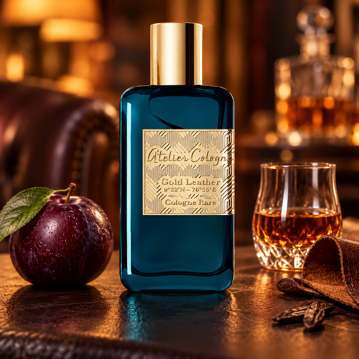 Atelier Cologne Gold Leather bottle beside a whole plum, rum glass and leather on a warmly lit table.