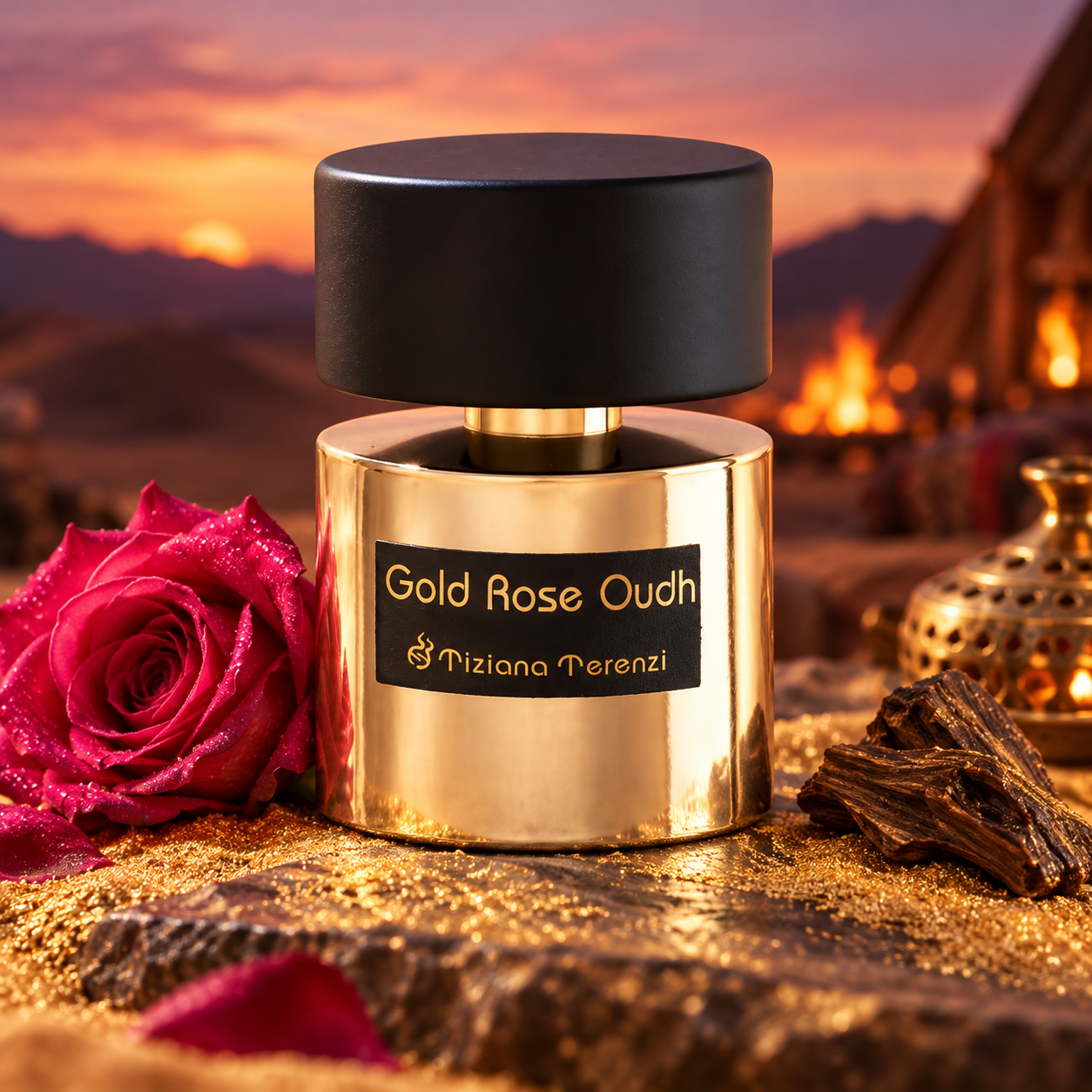 Tiziana Terenzi Gold Rose Oudh bottle with a pink rose and oud wood before a desert camp at dusk.