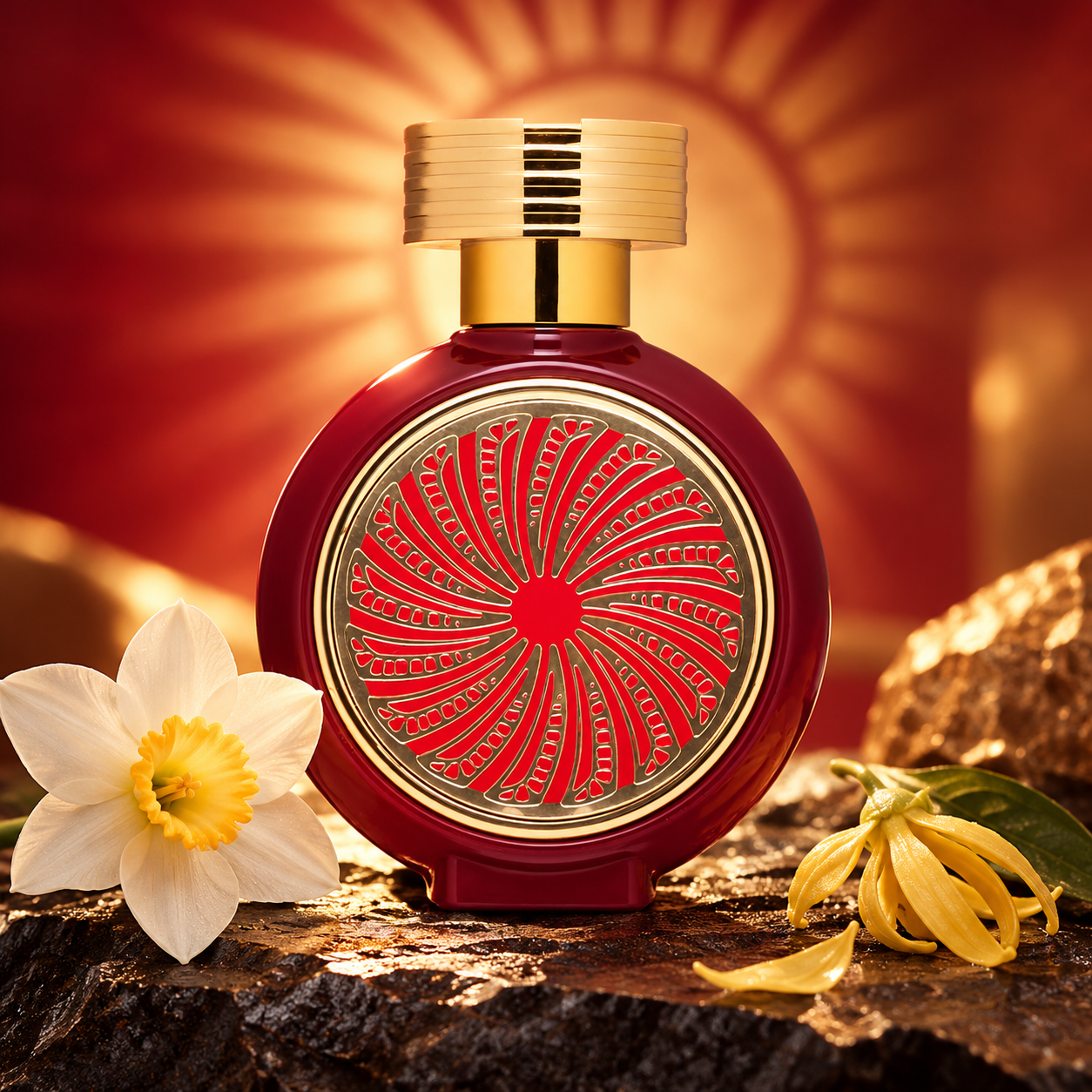 HFC Golden Fever bottle with narcissus and ylang-ylang flowers against a glowing red and gold backdrop.