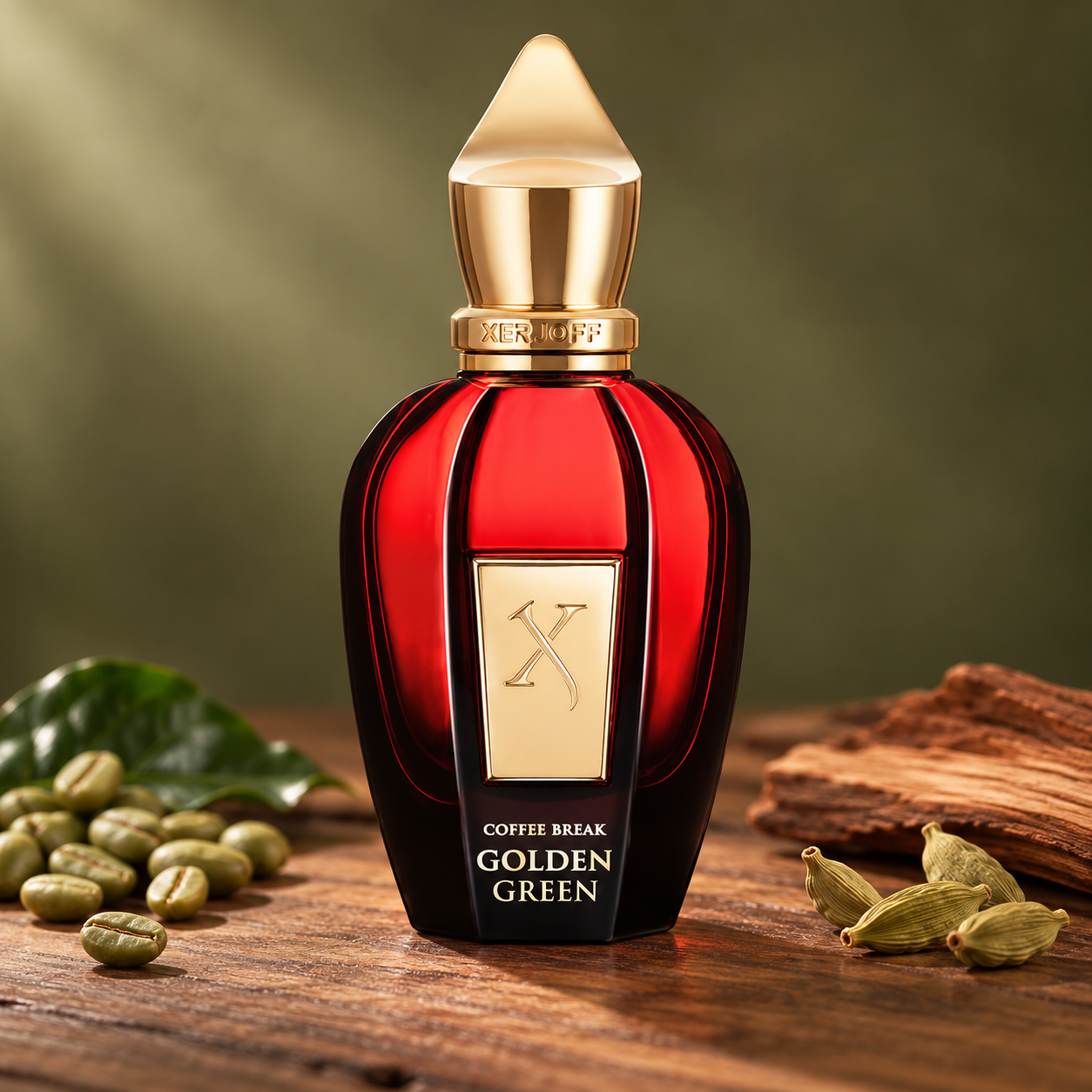 Xerjoff Golden Green bottle on wood with green coffee beans and cardamom against an olive backdrop.