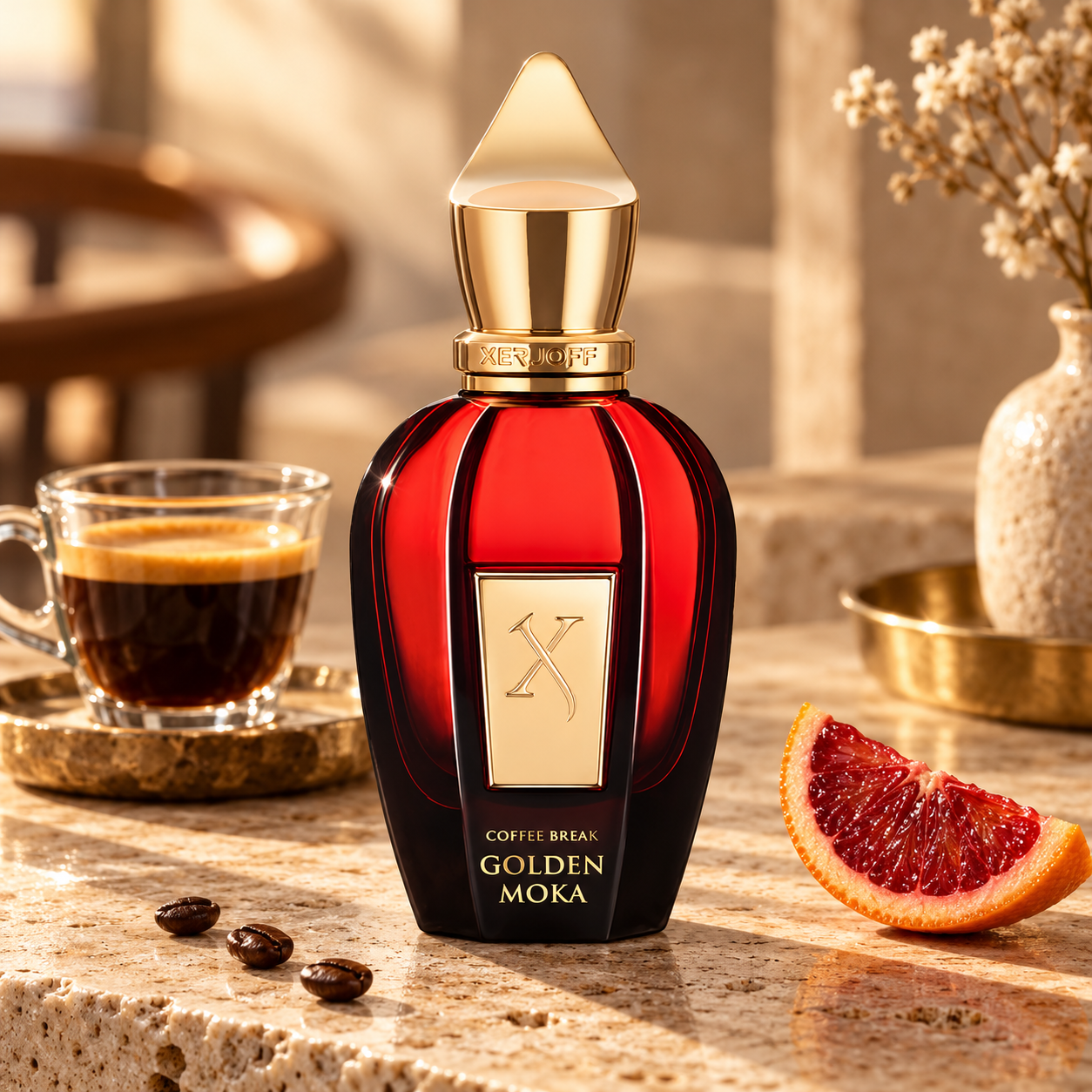 Xerjoff Golden Moka bottle with espresso and a blood orange slice on sunlit travertine.