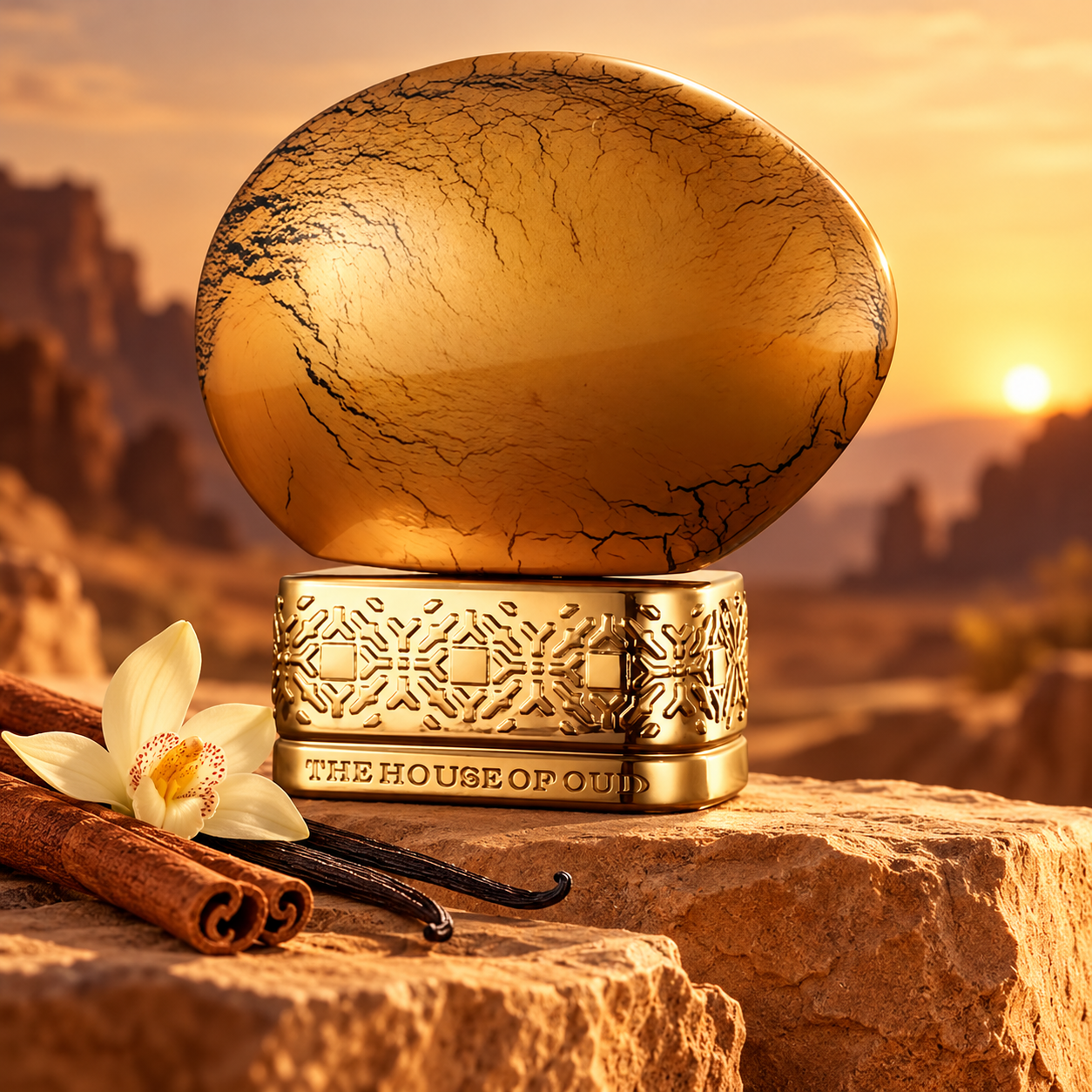 The House of Oud Golden Powder bottle with cinnamon and vanilla on sandstone in desert sunset light.