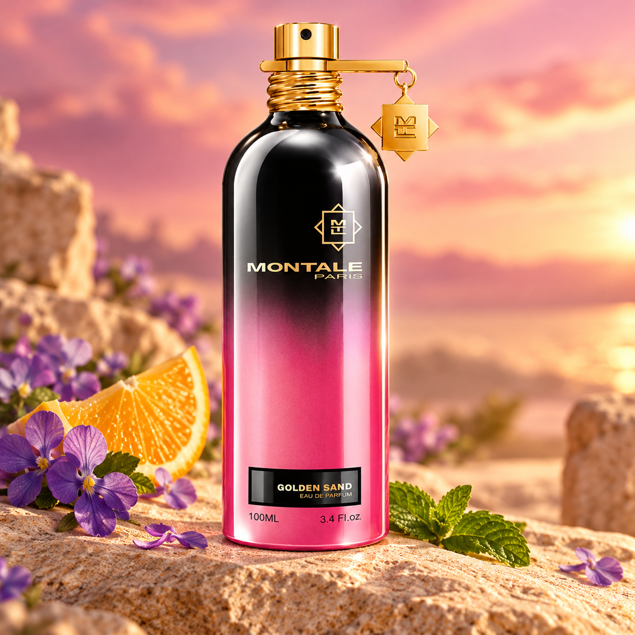 Montale Golden Sand bottle with violets, an orange wedge and mint on sandstone beneath a pink sky.