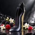Carolina Herrera Good Girl Suprême glittering stiletto bottle beside whole berries and jasmine on dark stone.