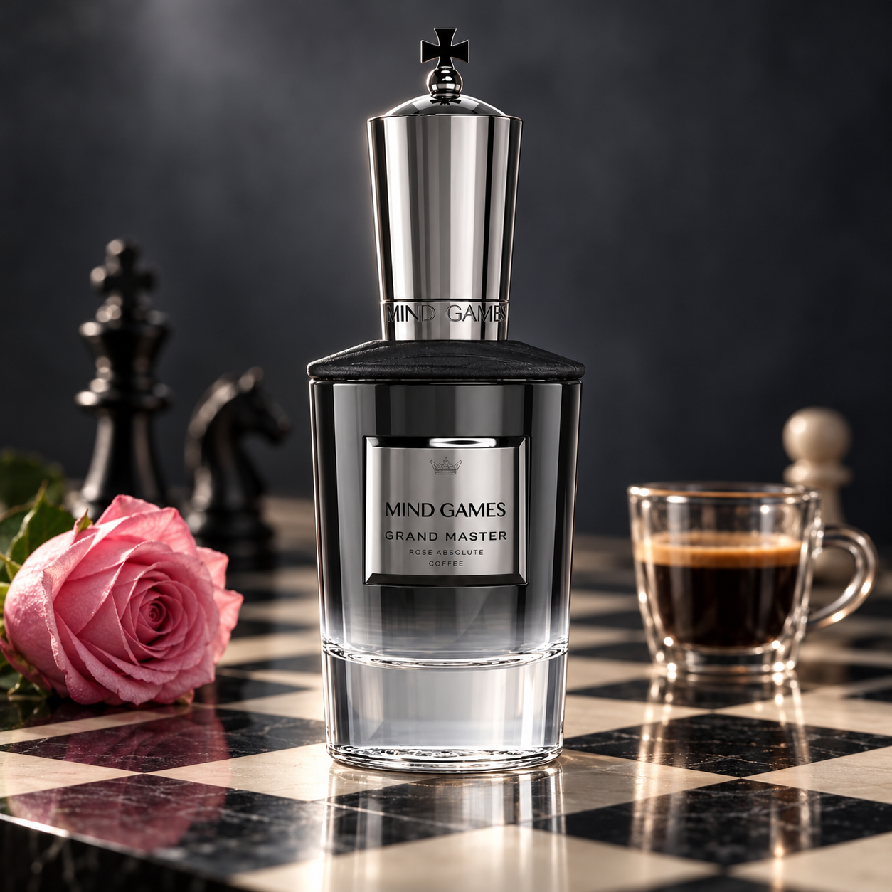 Mind Games Grand Master bottle on a black-and-ivory chessboard beside a pink rose and espresso, with chess pieces behind it.