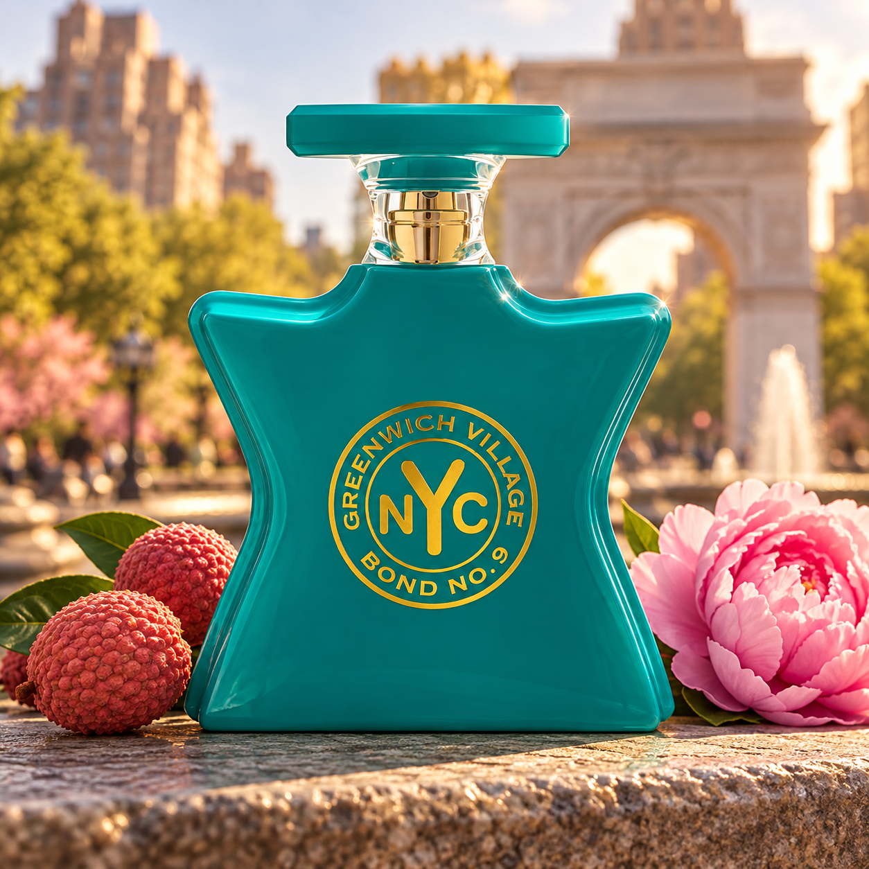 Bond No. 9 Greenwich Village with whole lychees and a pink peony on stone near Washington Square Arch in warm sunlight.