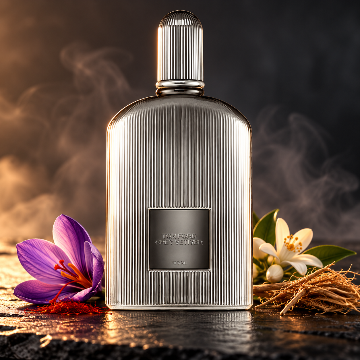 Tom Ford Grey Vetiver Parfum on dark slate beside saffron crocus, orange blossom and vetiver roots in warm side light.