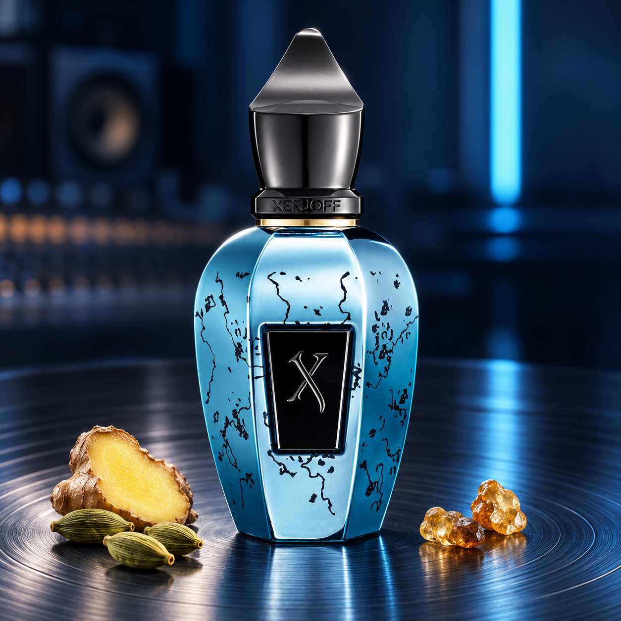 Xerjoff Groove Xcape on a grooved metallic surface with ginger, cardamom and resin against a blue recording studio backdrop.