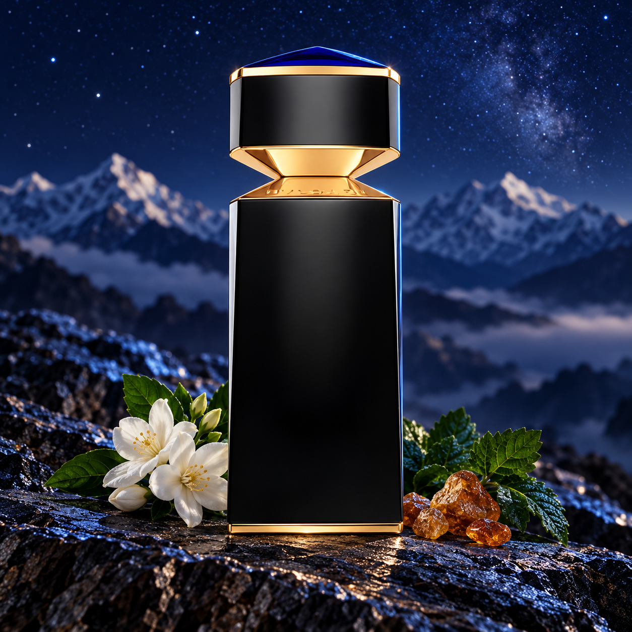 Bvlgari Gyan on dark stone with jasmine, patchouli leaves and incense resin beneath a starry Himalayan sky.