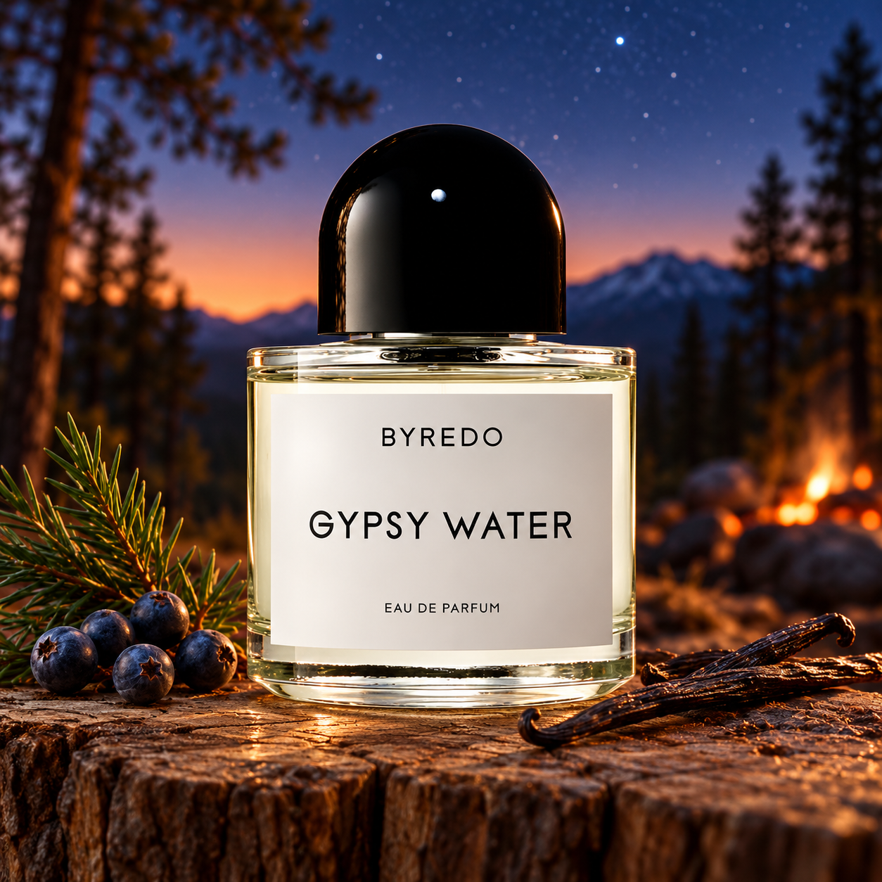 Byredo Gypsy Water on wood with juniper berries, pine and vanilla pods at a softly glowing forest campsite at twilight.