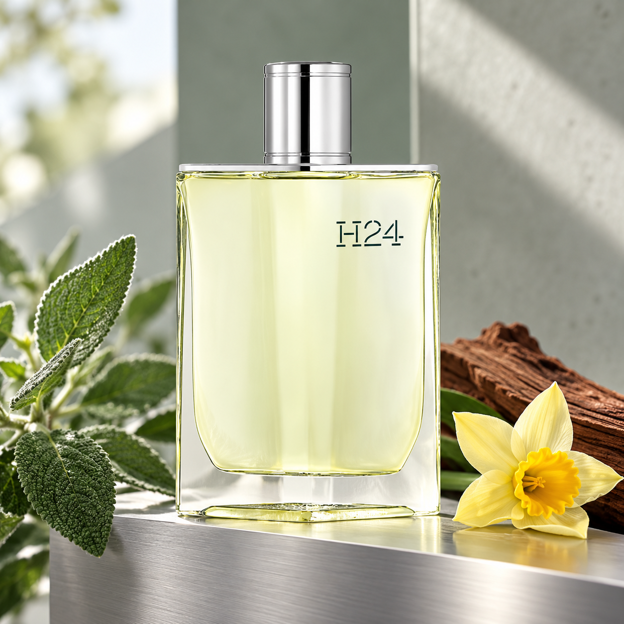 Hermès H24 on brushed metal beside sage, yellow narcissus and rosewood in soft cool daylight.