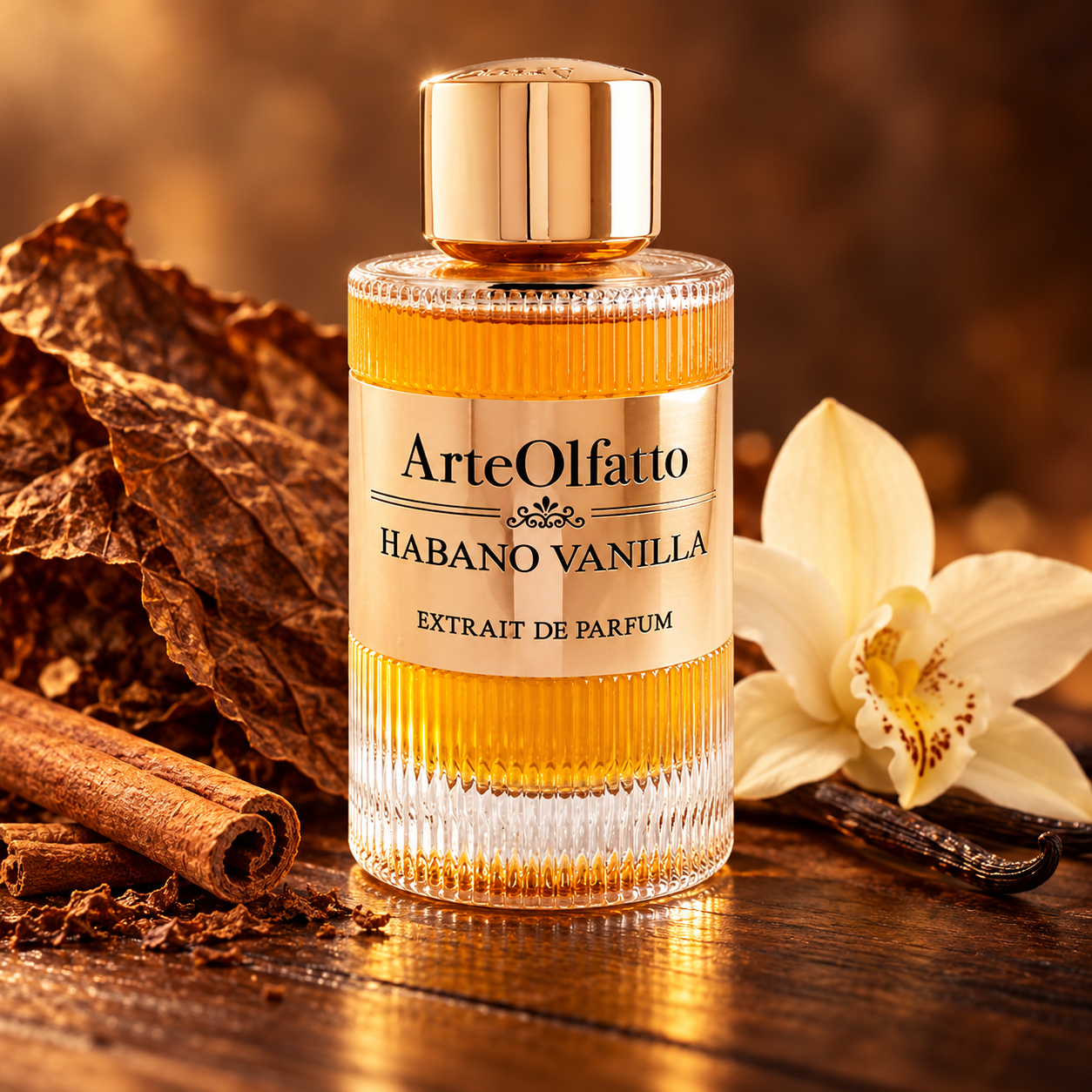 ArteOlfatto Habano Vanilla on warm wood with tobacco, cinnamon and a cream orchid beside vanilla pods in golden light.