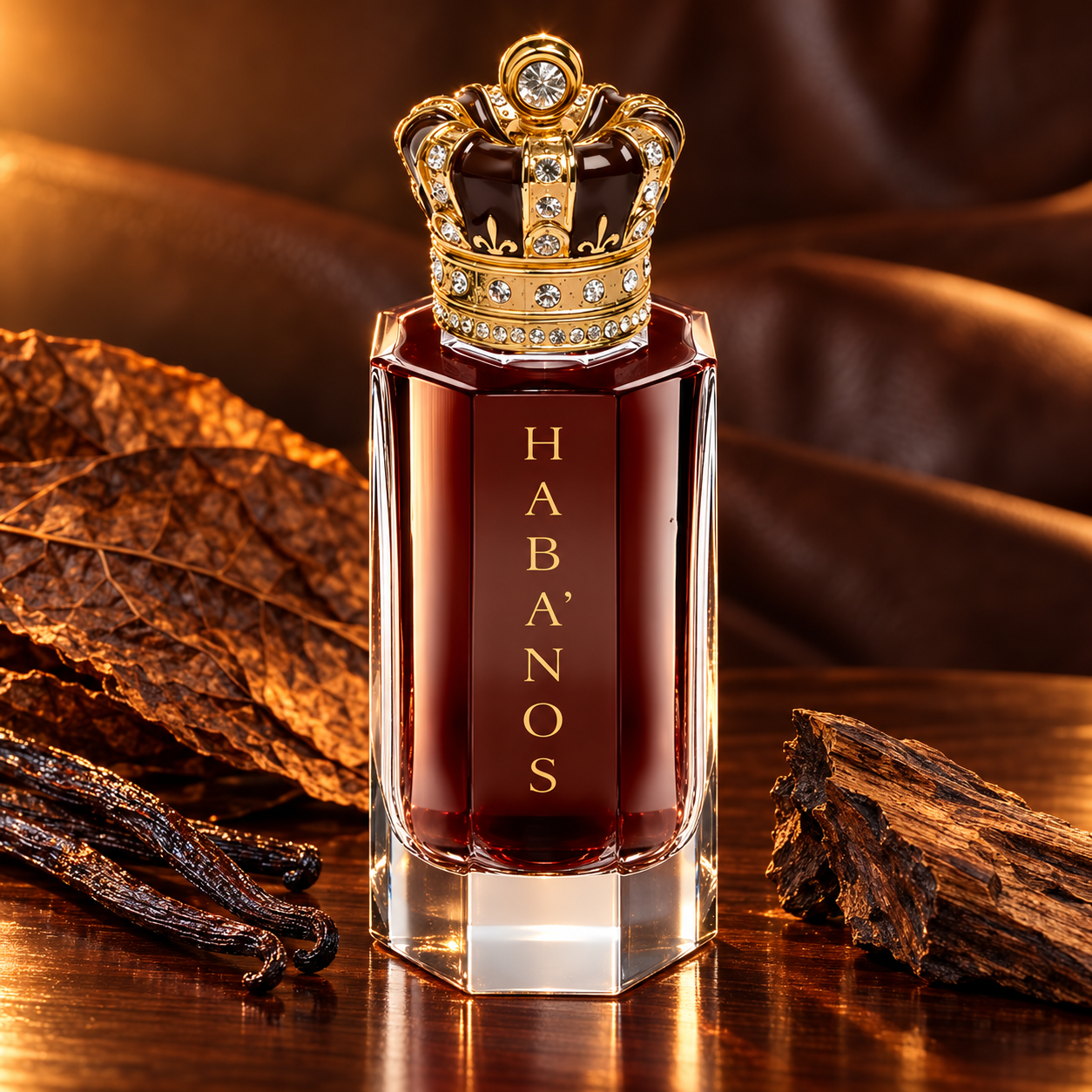 Royal Crown Habanos on polished wood with a tobacco leaf, vanilla pods and oud wood in rich amber light.