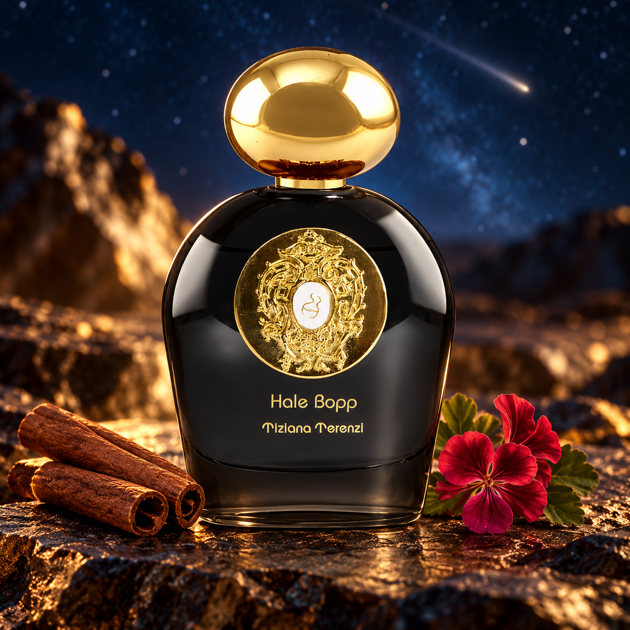 Tiziana Terenzi Hale Bopp with cinnamon and red geranium on dark stone beneath a starry sky.