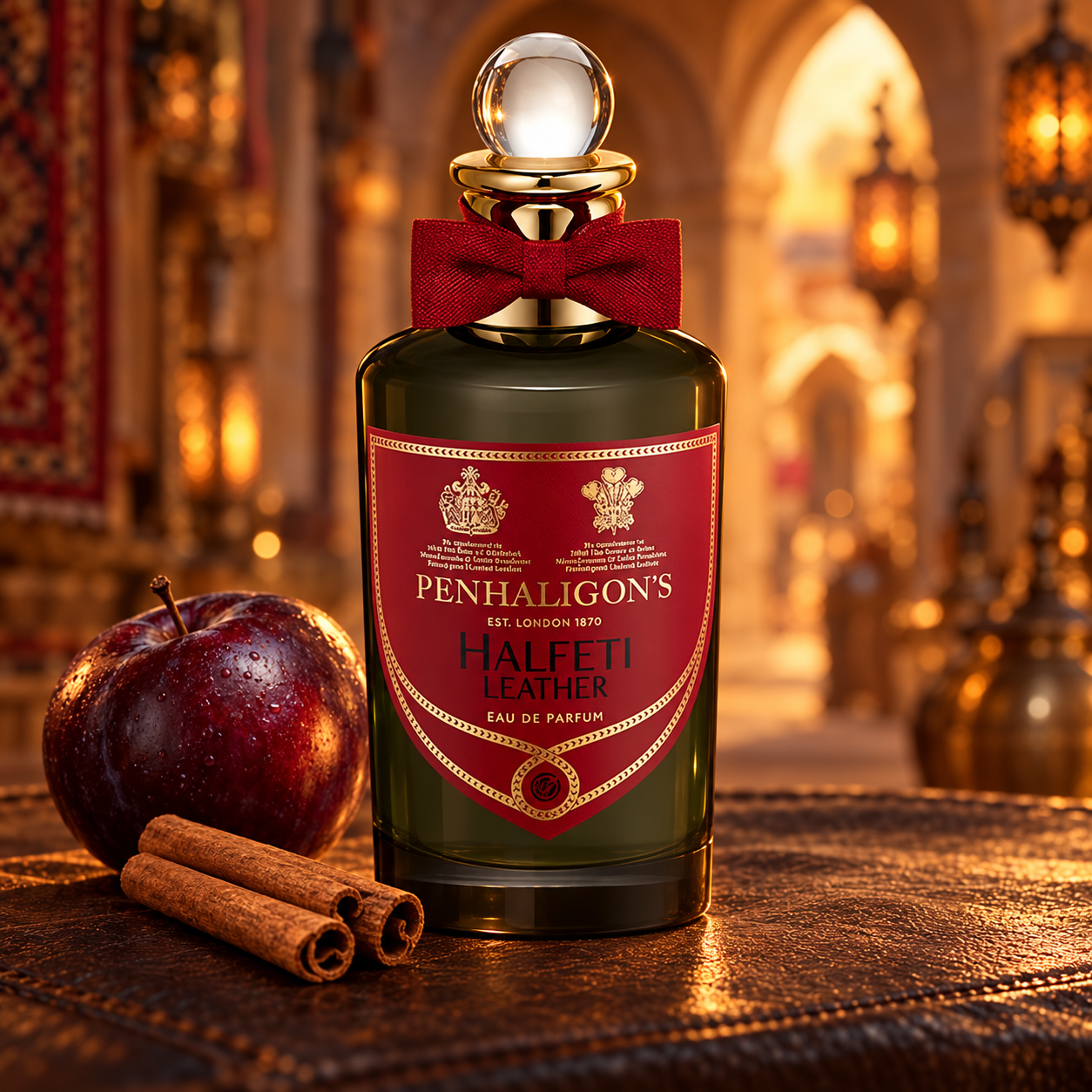 Penhaligon's Halfeti Leather on dark leather with a plum and cinnamon in a warmly lit bazaar setting.