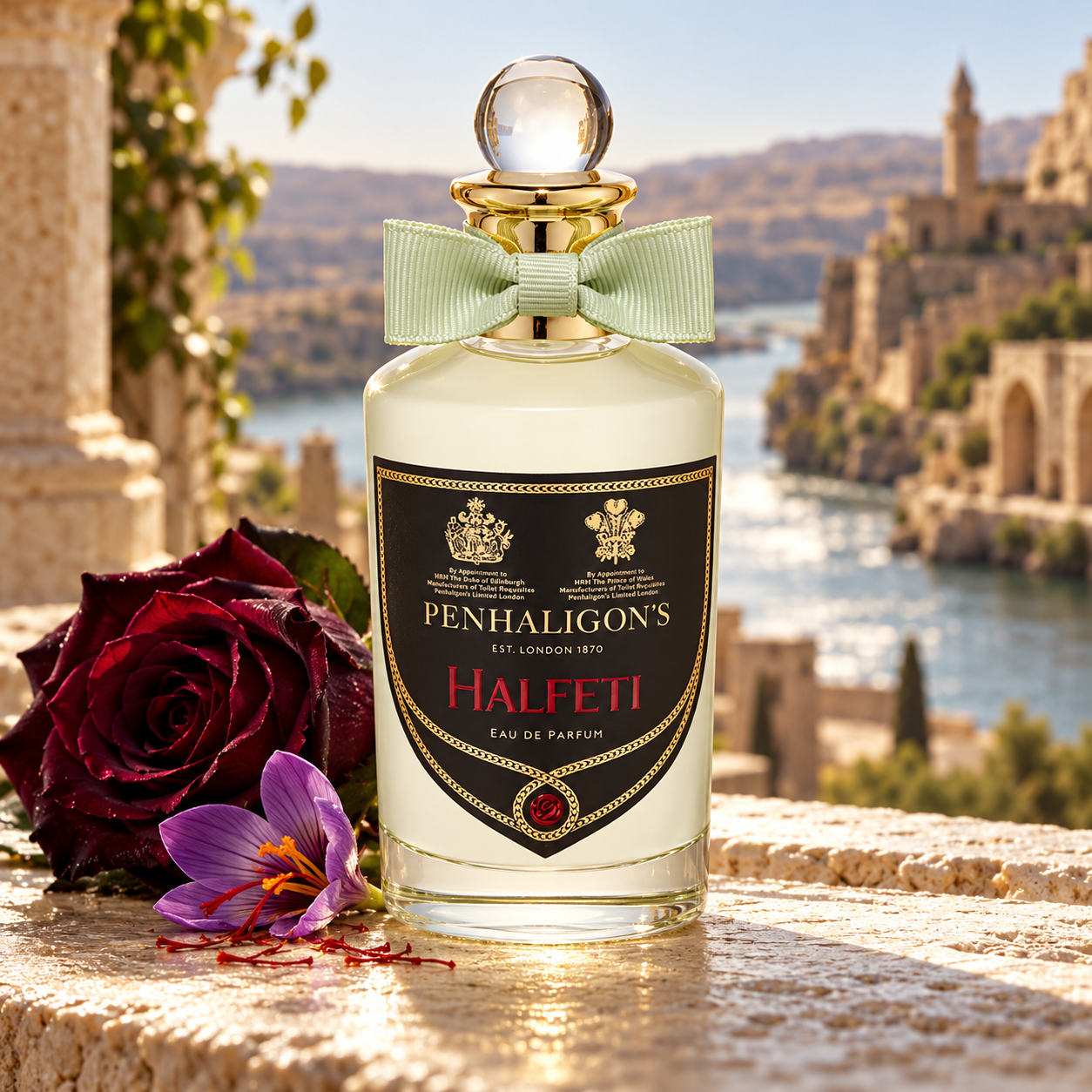 Penhaligon's Halfeti with a dark rose and saffron flower on a stone terrace overlooking a Turkish riverside town.