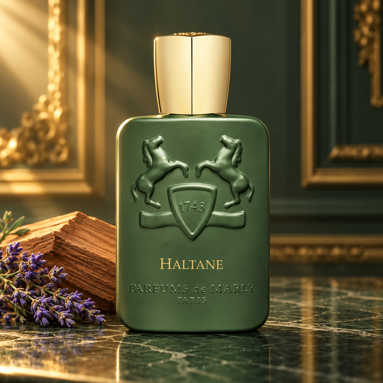 Parfums de Marly Haltane with cedar wood and lavender in a green and gold salon.