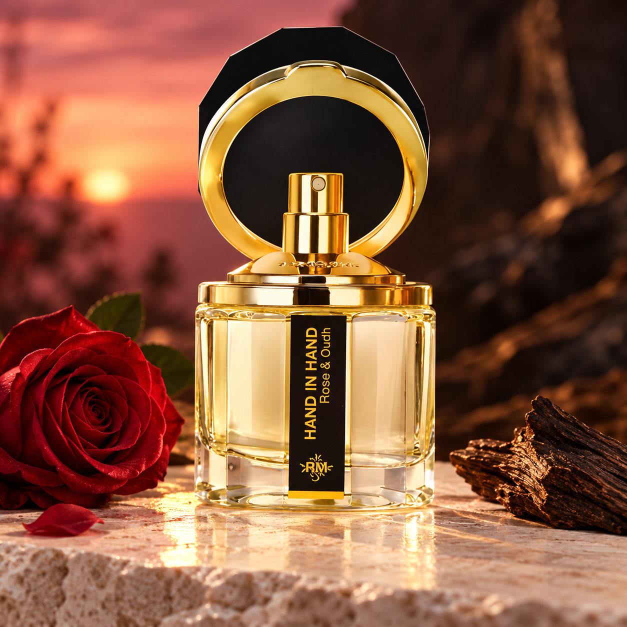 Ramon Monegal Hand in Hand with its open cap beside a red rose and oud wood in warm dusk light.