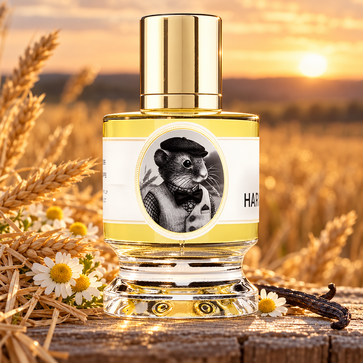 Zoologist Harvest Mouse bottle among wheat stalks, chamomile flowers and vanilla pods on weathered wood beside a golden field at sunset.