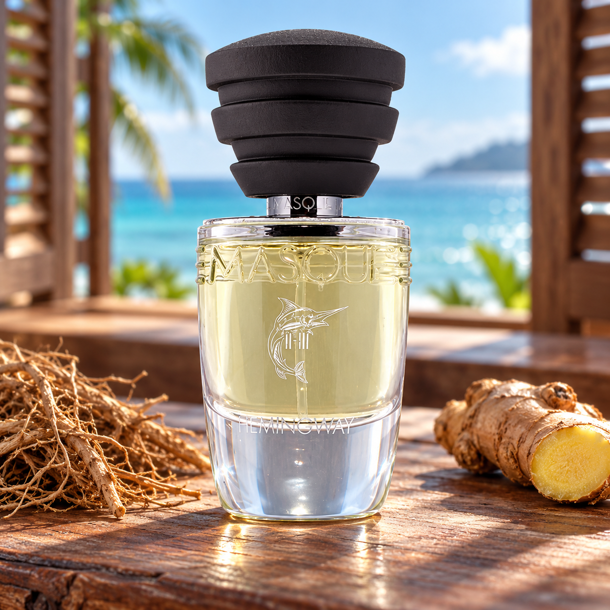 Masque Milano Hemingway with vetiver roots and cut ginger on a wooden desk overlooking a tropical sea.
