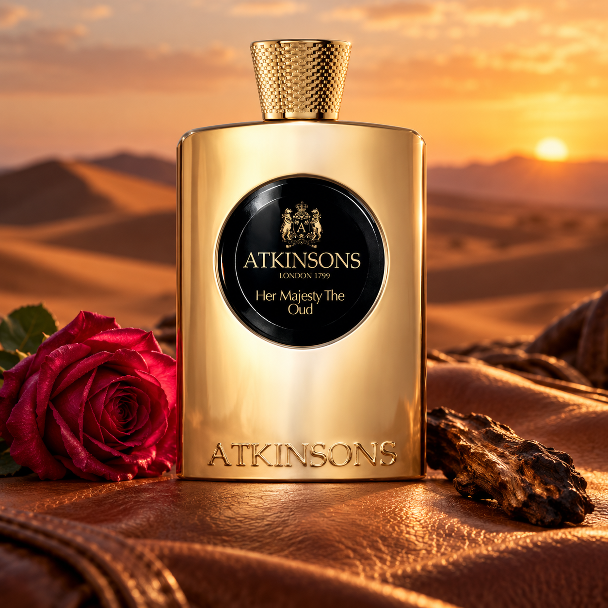 Atkinsons Her Majesty The Oud on warm leather with a red rose and oud wood against sunset dunes.
