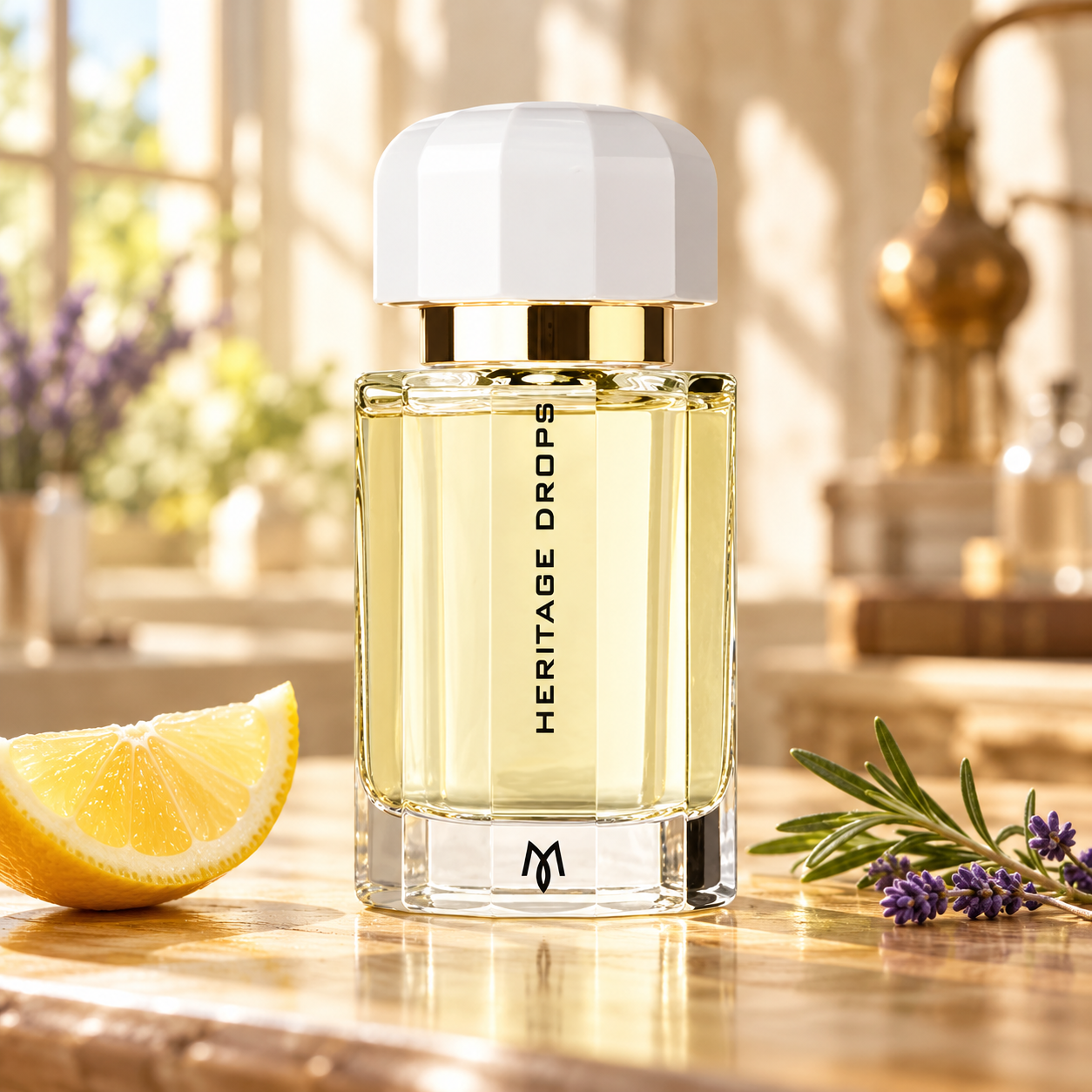 Ramon Monegal Heritage Drops with a lemon wedge, rosemary and lavender in a sunlit perfumer's atelier.