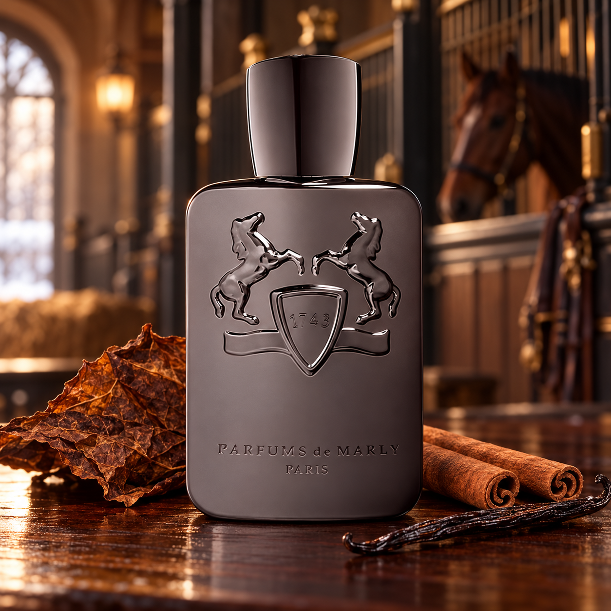 Parfums de Marly Herod with tobacco leaf, cinnamon and vanilla on dark wood in a warmly lit stable.