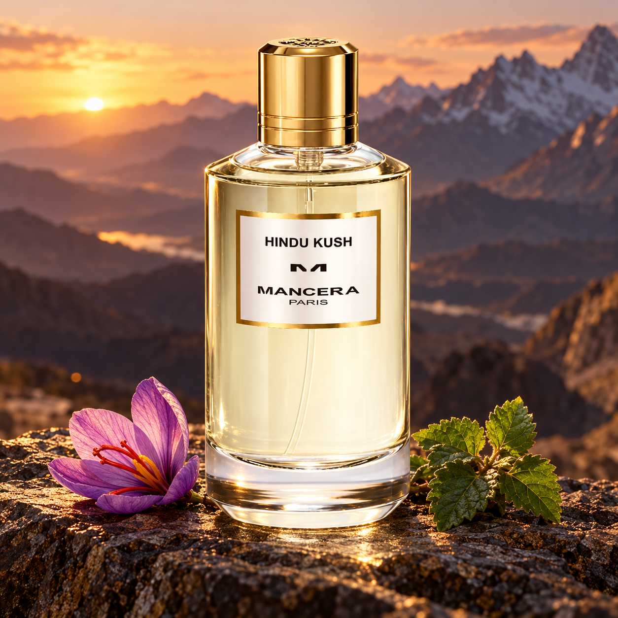 Mancera Hindu Kush on a rocky ledge with saffron crocus and green leaves against mountains at sunset.