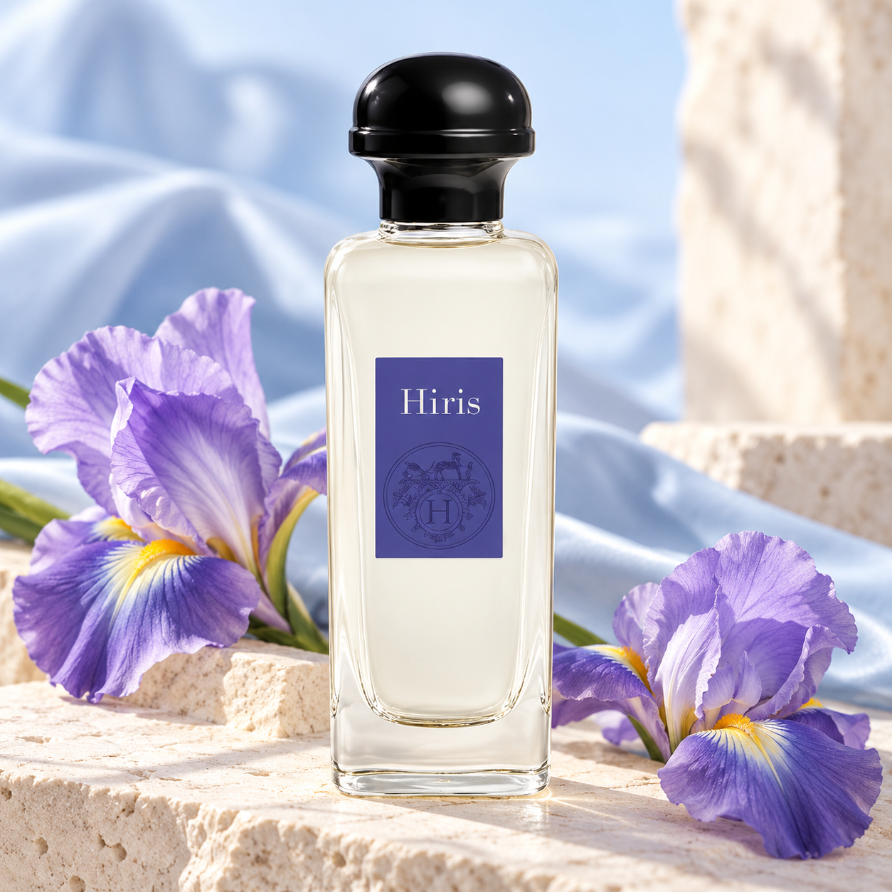 Hermes Hiris on pale stone between purple iris flowers against soft blue silk.