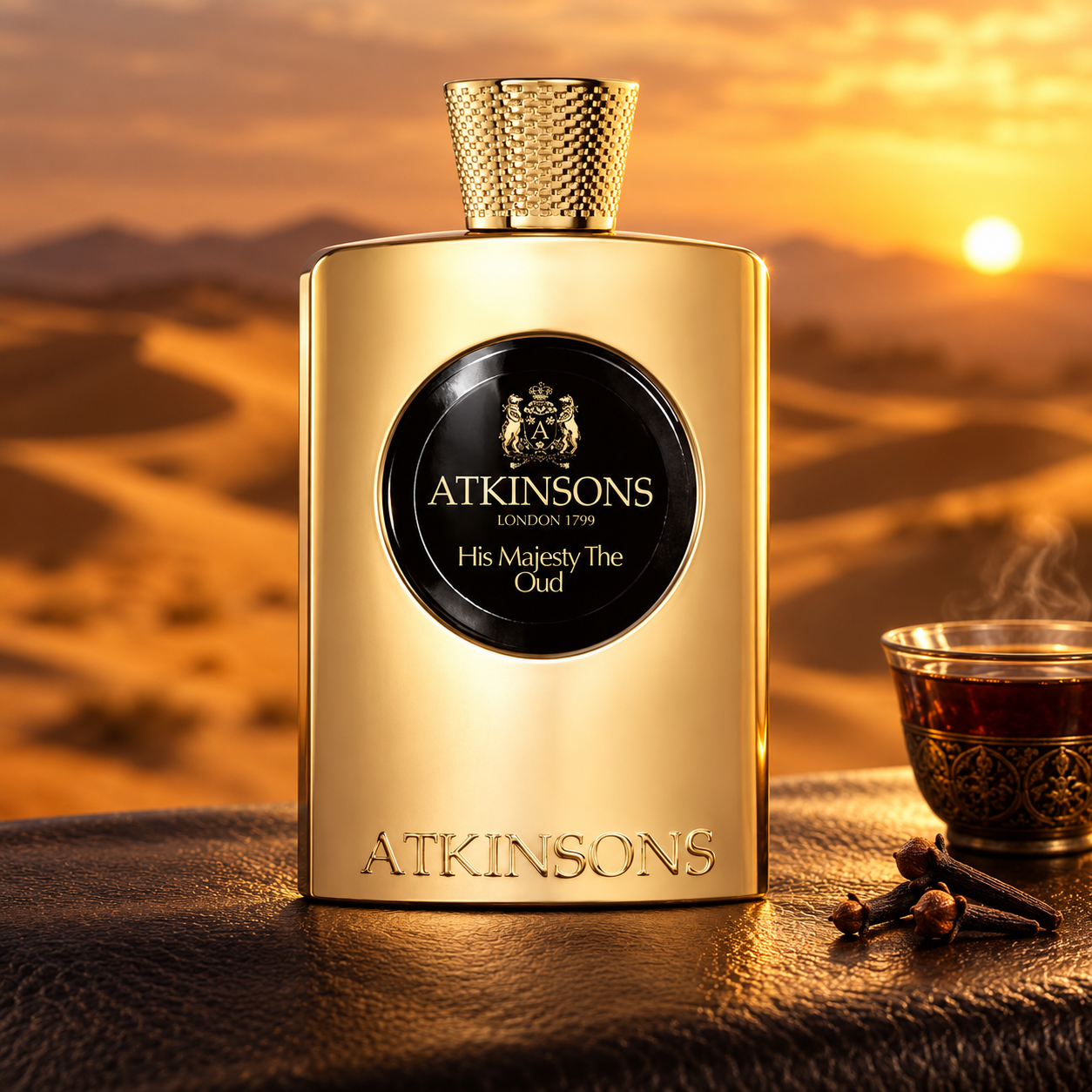 Atkinsons His Majesty The Oud on dark leather beside black tea and cloves, overlooking dunes at sunset.