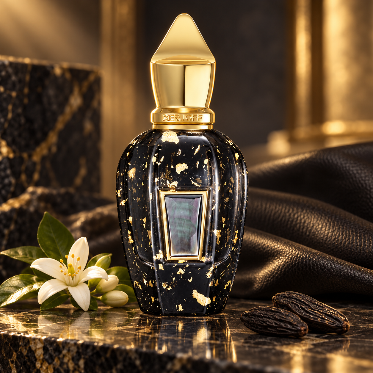 Xerjoff Homme Anniversary on dark marble with orange blossom, tonka beans and black leather in golden light.