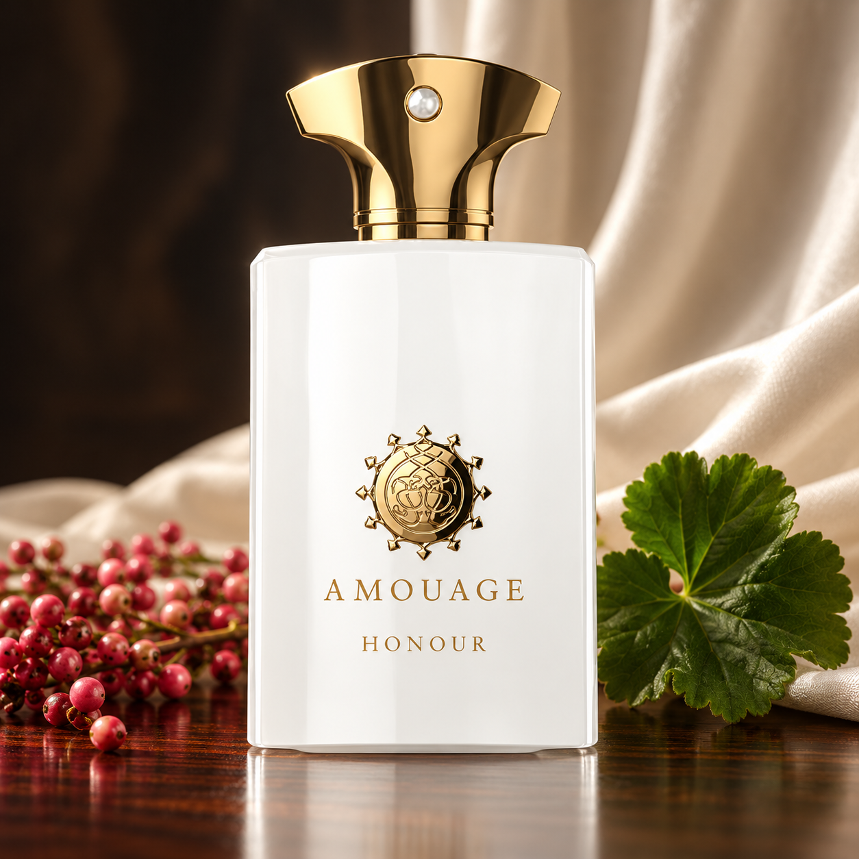 Amouage Honour Man on polished wood with pink pepper and a geranium leaf against ivory silk.