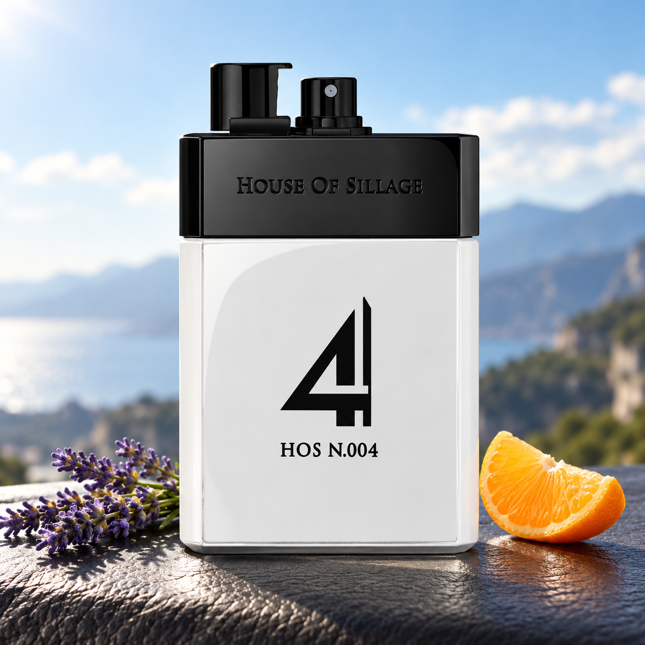 House of Sillage HoS N.004 beside lavender and a mandarin wedge with a sunlit coastal landscape behind.