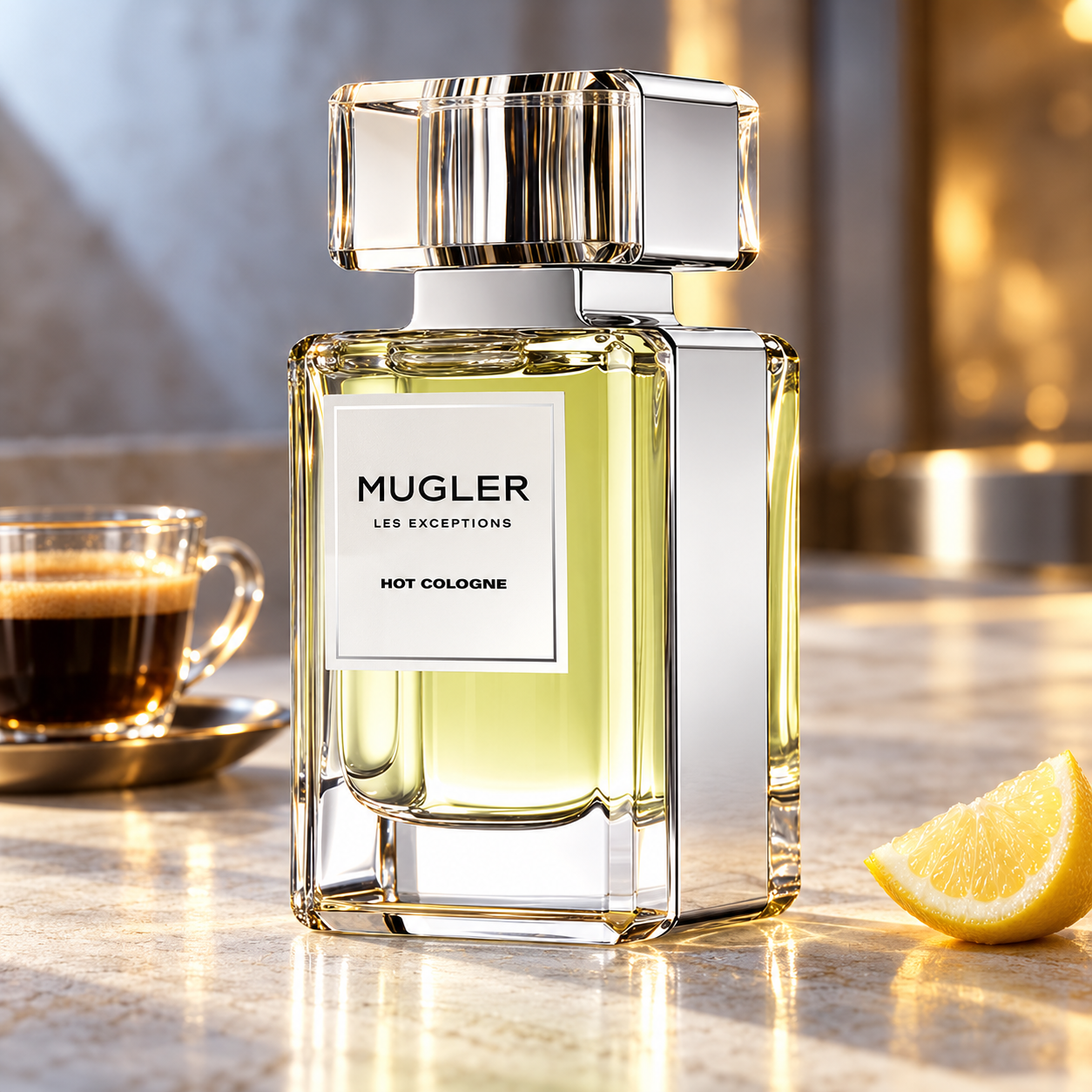 Mugler Hot Cologne on pale stone beside espresso and a lemon wedge in warm and cool light.