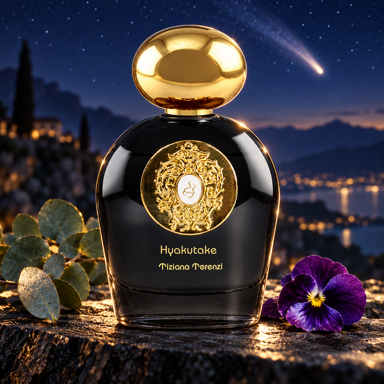 Tiziana Terenzi Hyakutake on dark stone with eucalyptus and a purple pansy under a starry sky and comet.