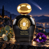 Tiziana Terenzi Hyakutake on dark stone with eucalyptus and a purple pansy under a starry sky and comet.