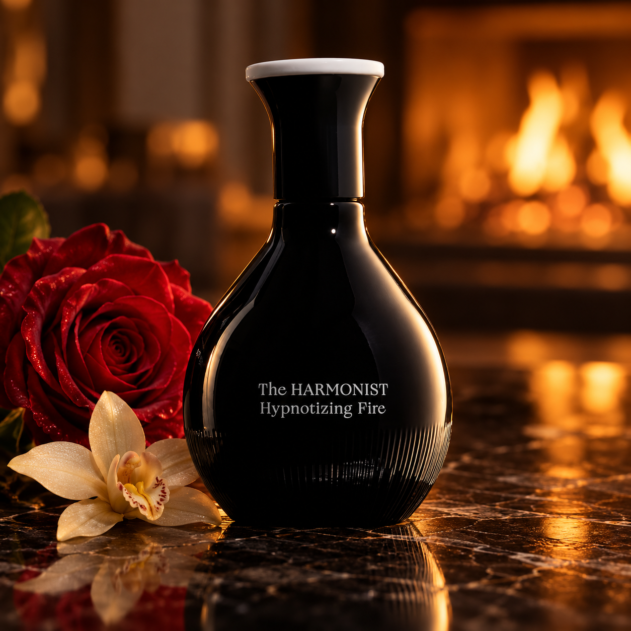 The Harmonist Hypnotizing Fire Parfum bottle on dark polished stone beside a red rose and pale orchid, lit by a softly blurred fireplace.