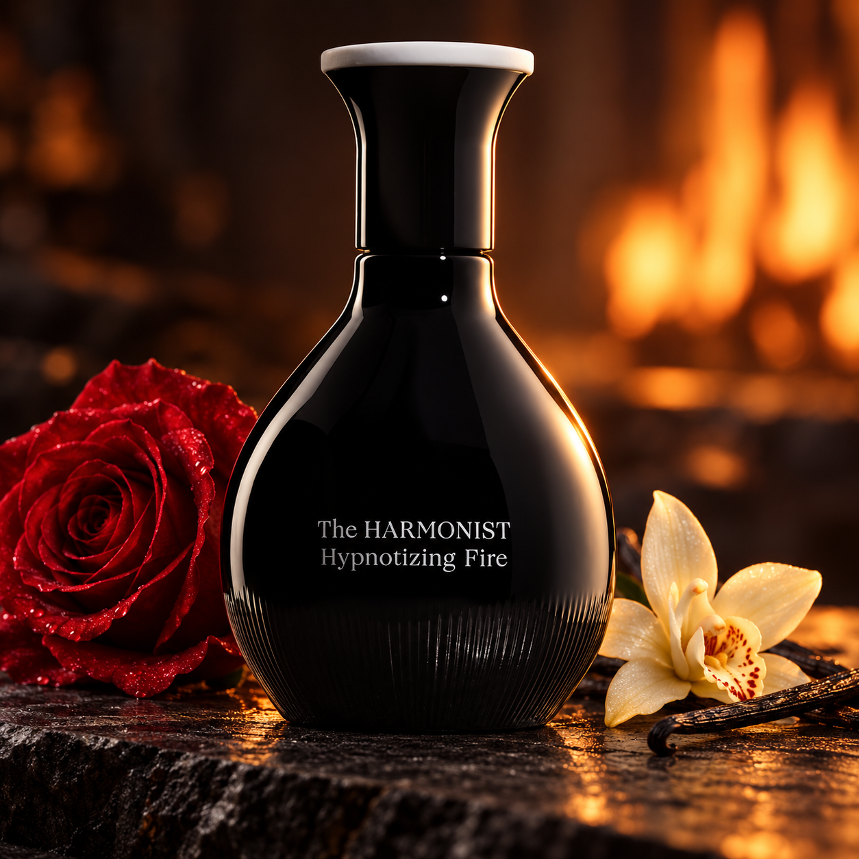 The Harmonist Hypnotizing Fire on dark stone beside a red rose, vanilla orchid and pods against a warm fire glow.