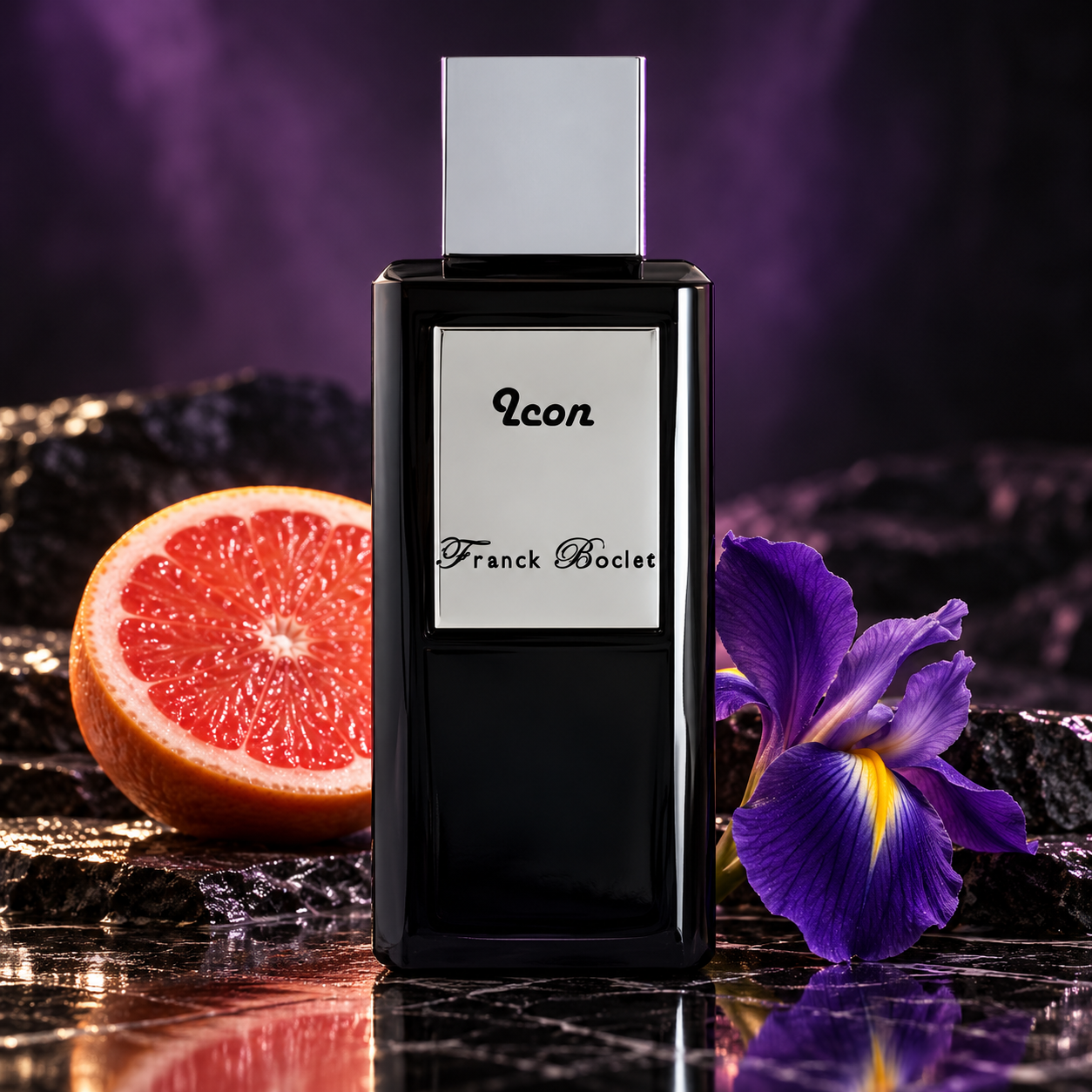 Franck Boclet Icon bottle beside a grapefruit half and purple iris on dark stone under violet light.