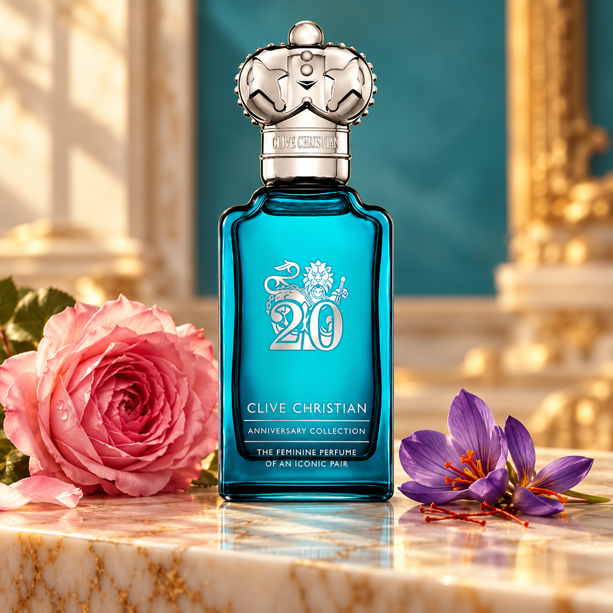 Clive Christian Iconic Feminine turquoise bottle on marble beside a pink rose and purple saffron crocuses in warm light.