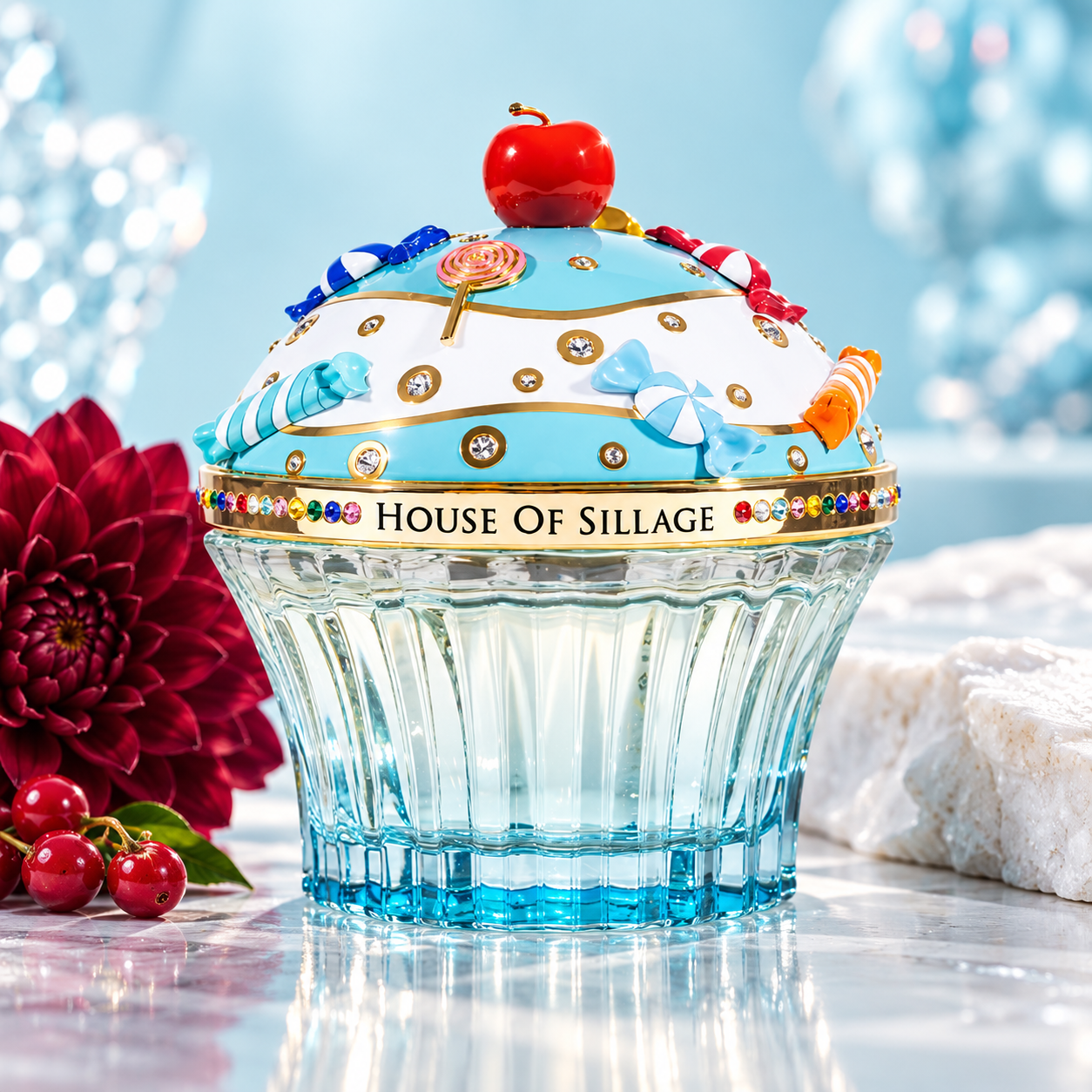 House of Sillage Icy Hard Candy jeweled bottle beside a burgundy dahlia and red berries against a pale aqua background.