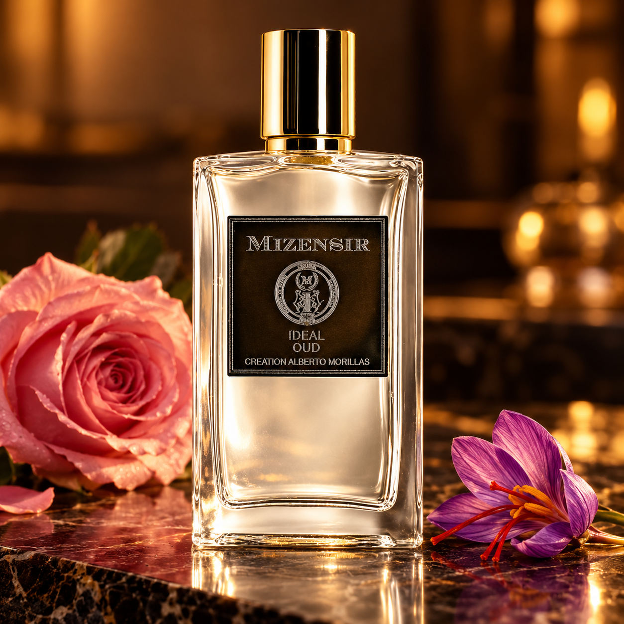 Mizensir Ideal Oud bottle beside a pink rose and purple saffron crocus on dark polished stone in warm amber light.