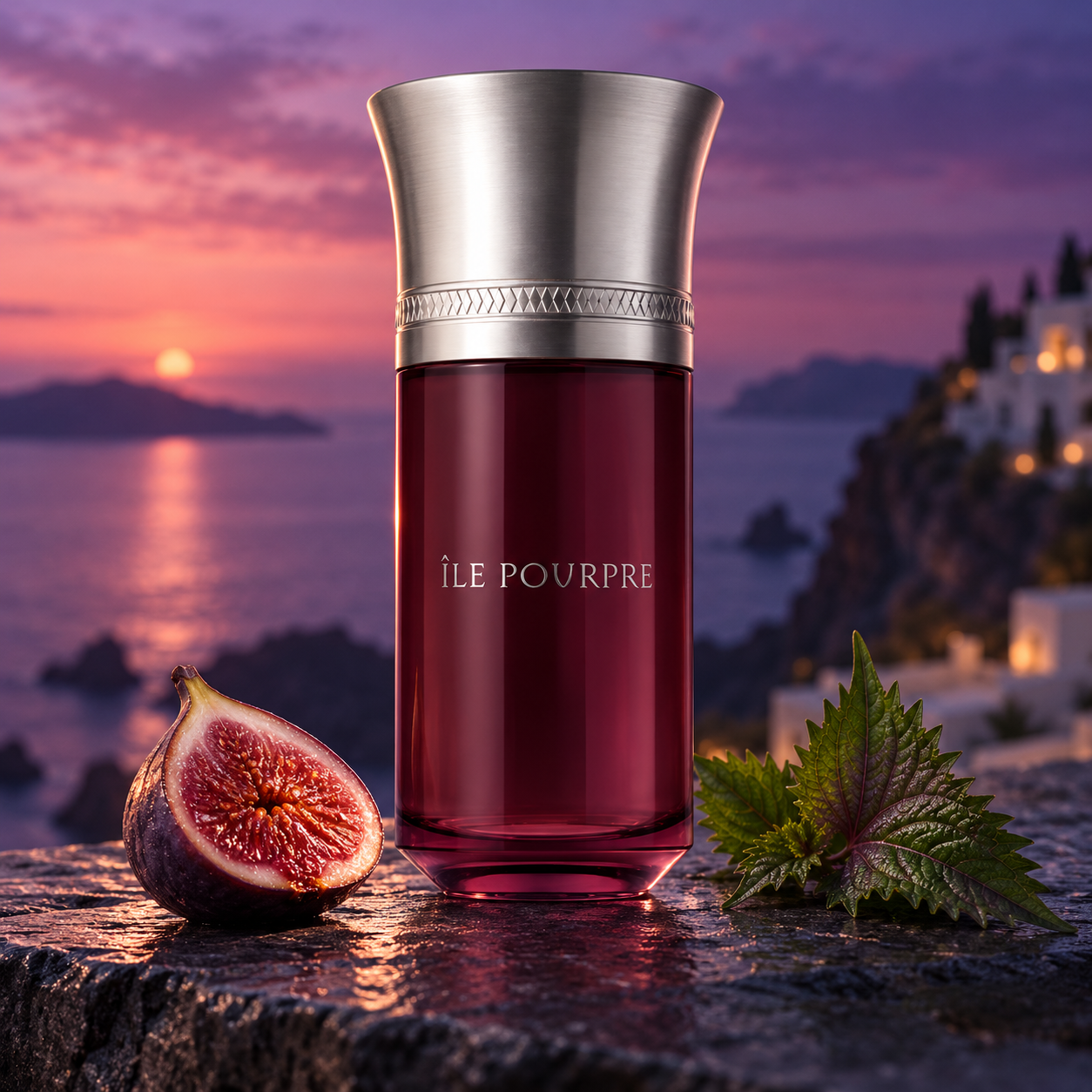 Liquides Imaginaires Île Pourpre bottle beside a fig half and shiso leaves overlooking a purple Mediterranean sunset.