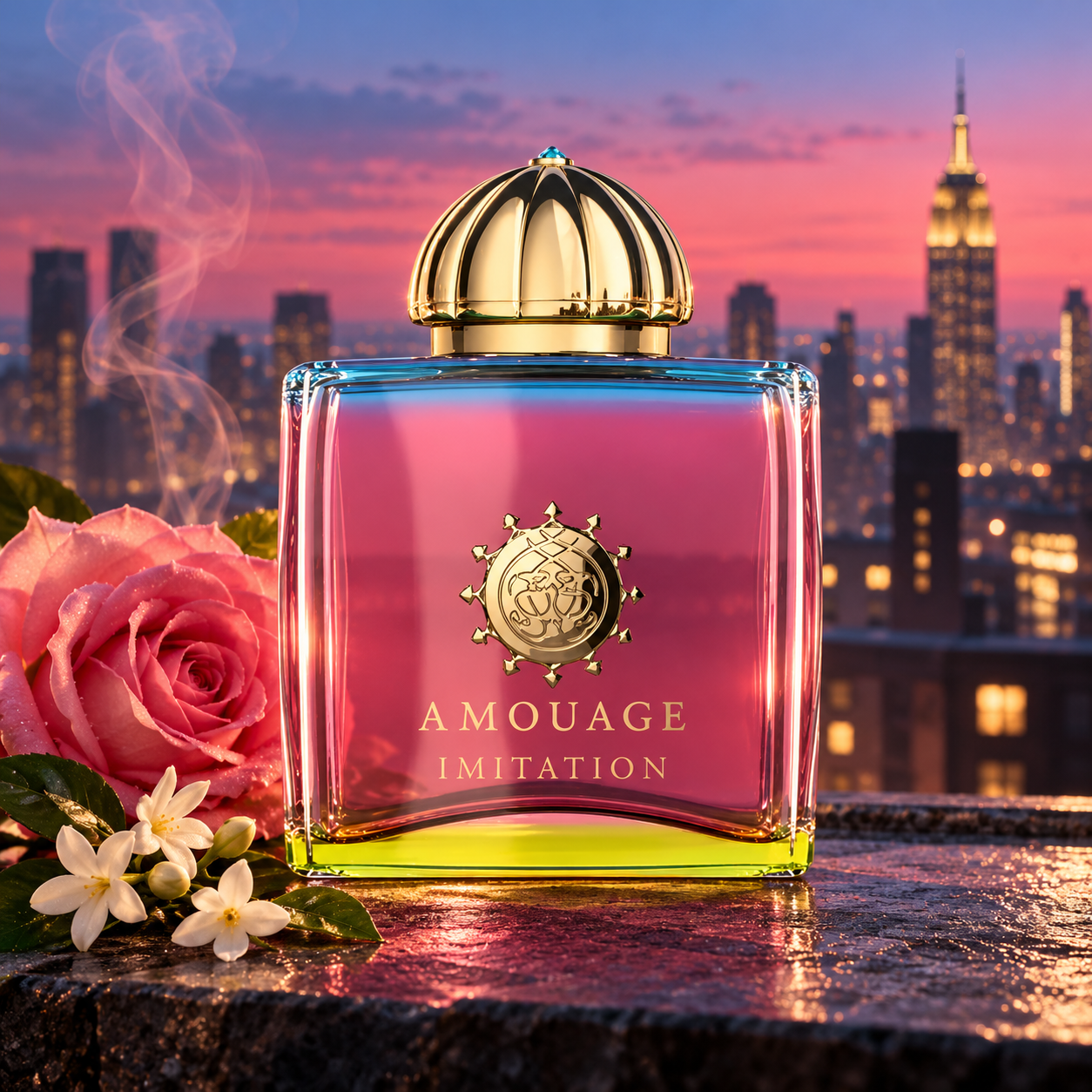 Amouage Imitation Woman bottle with a pink rose, jasmine and incense haze overlooking New York at twilight.