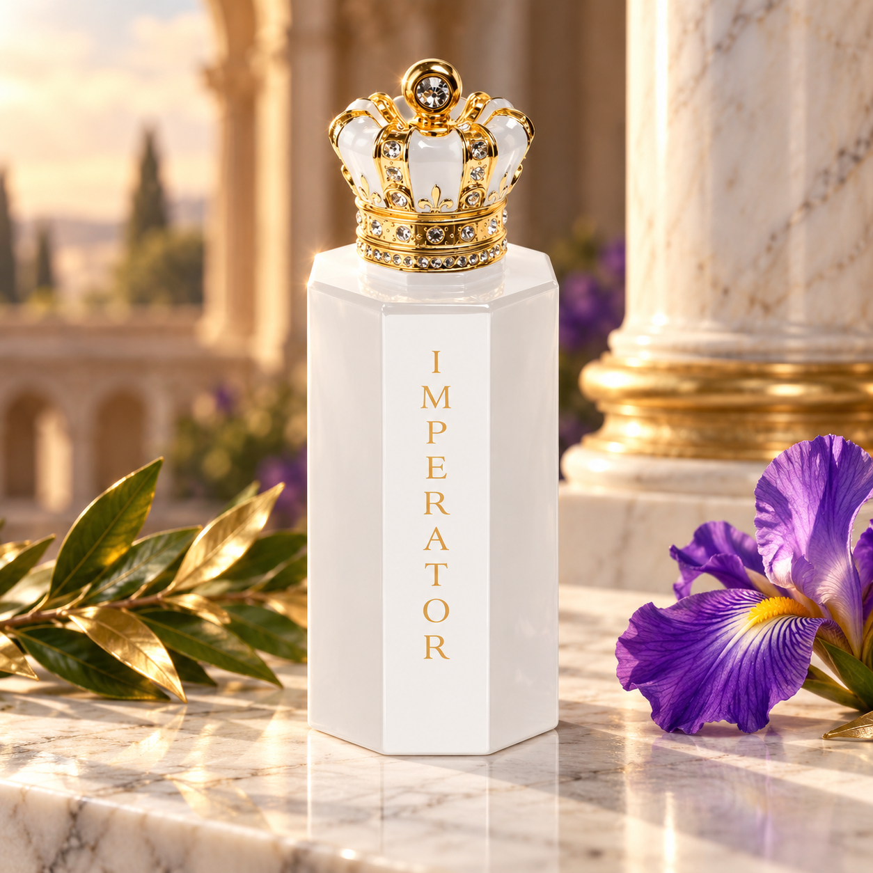Royal Crown Imperator bottle with laurel and a purple iris on marble beneath classical columns.