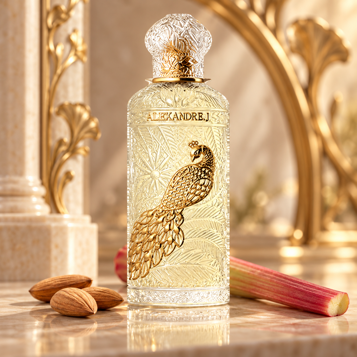 Alexandre.J Imperial Peacock bottle with almonds and rhubarb on champagne stone beneath a gold Art Nouveau arch.