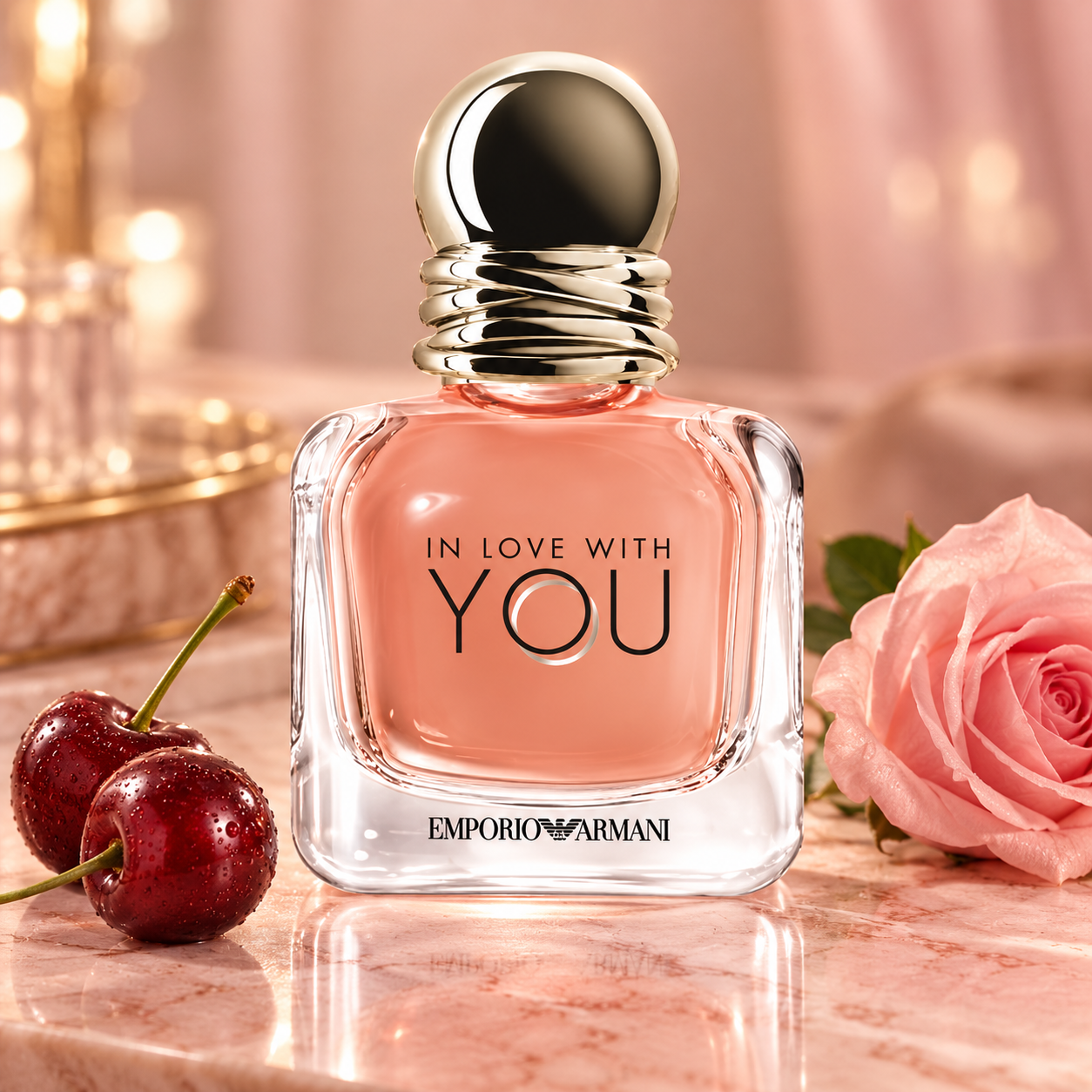 Emporio Armani In Love With You bottle beside whole cherries and a pink rose on blush marble.