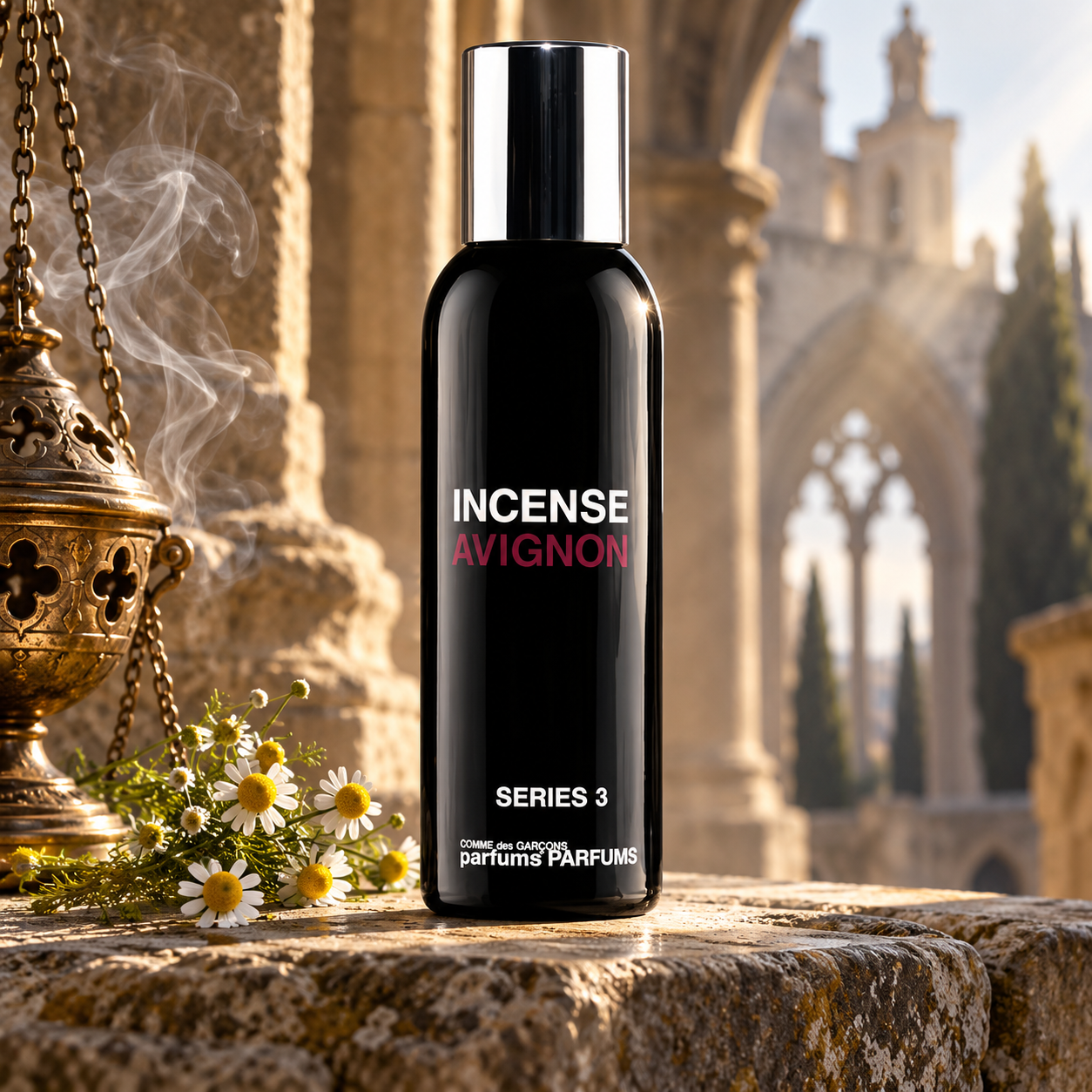 Comme des Garçons Incense Avignon bottle beside chamomile and a smoking censer in a sunlit Gothic stone setting.